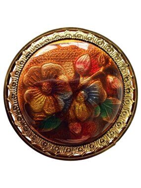 Vintage Reverse Carved Lucite Brooch Gold Tone Floral Pin 1950s New Old Stock